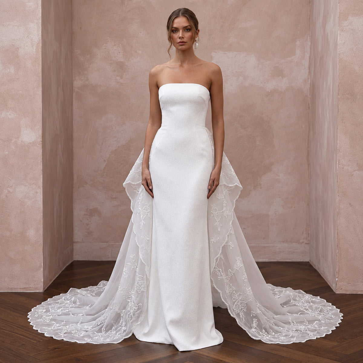 Minimalist Ivory Silk Crepe Strapless Column Gown with Watteau Train