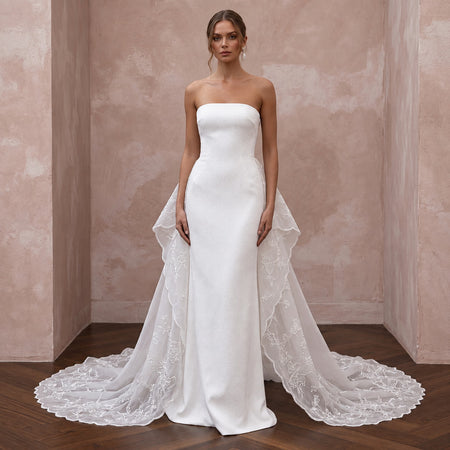 Minimalist Ivory Silk Crepe Strapless Column Gown with Watteau Train