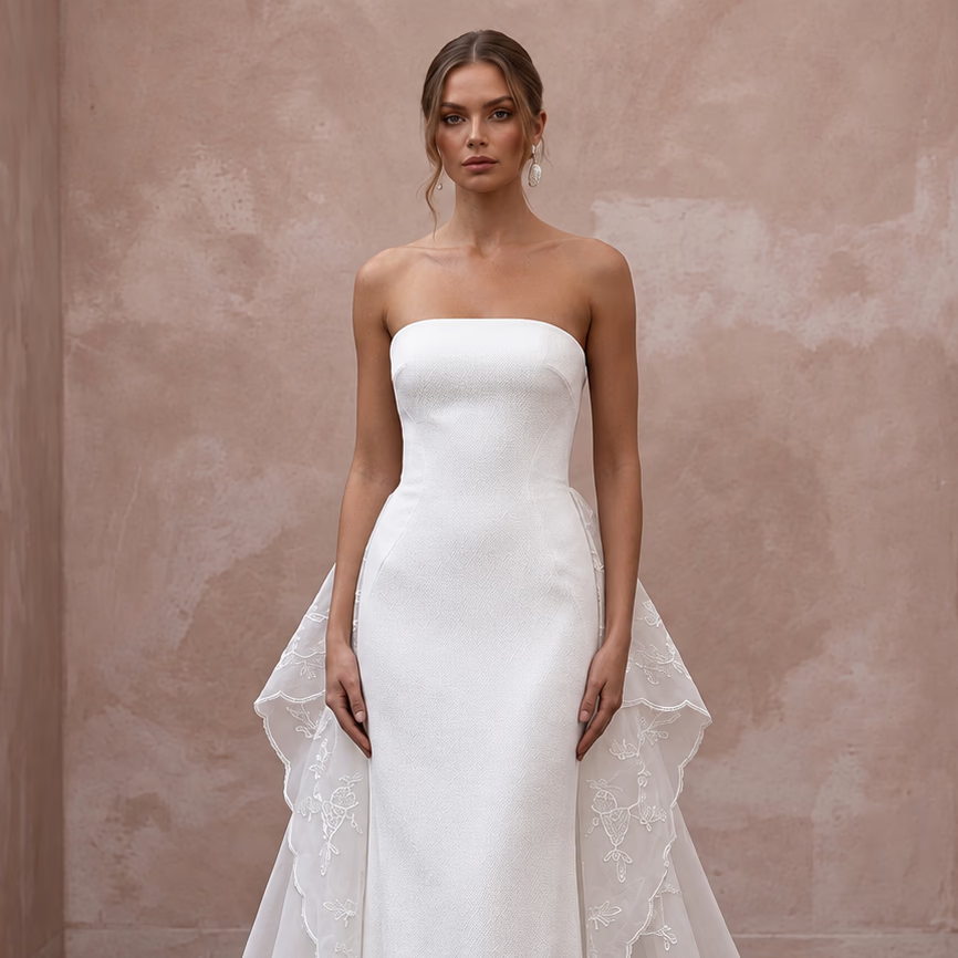 Minimalist Ivory Silk Crepe Strapless Column Gown with Watteau Train