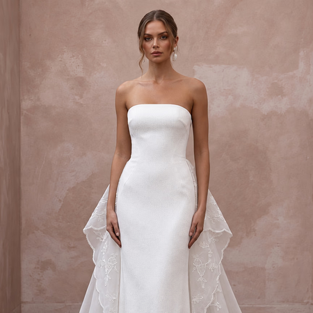 Minimalist Ivory Silk Crepe Strapless Column Gown with Watteau Train