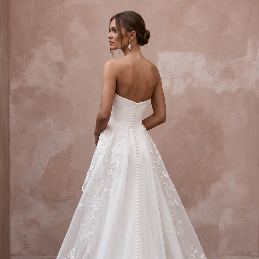 Minimalist Ivory Silk Crepe Strapless Column Gown with Watteau Train