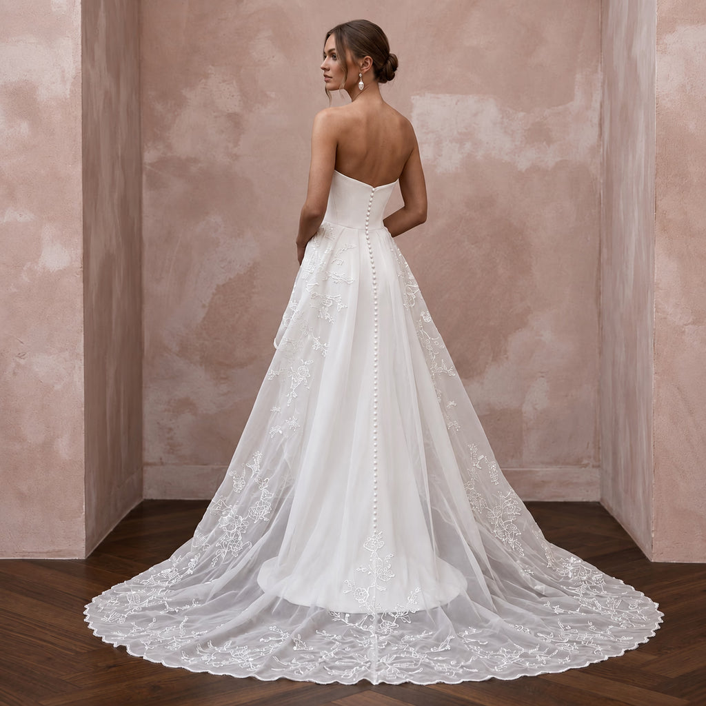 Minimalist Ivory Silk Crepe Strapless Column Gown with Watteau Train