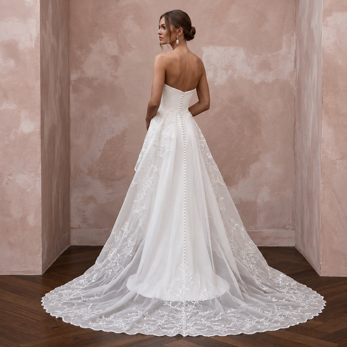 Minimalist Ivory Silk Crepe Strapless Column Gown with Watteau Train