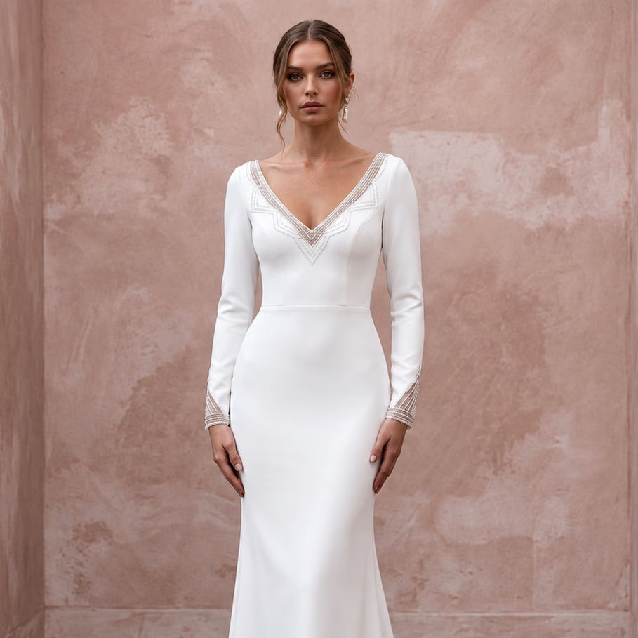 Minimalist Ivory Stretch Crepe Long Sleeve Mermaid Wedding Dress for After-Party