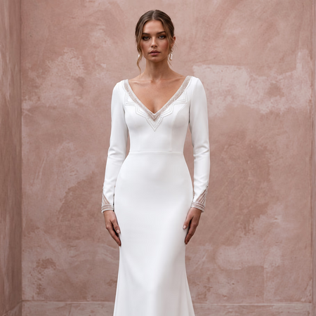 Minimalist Ivory Stretch Crepe Long Sleeve Mermaid Wedding Dress for After-Party