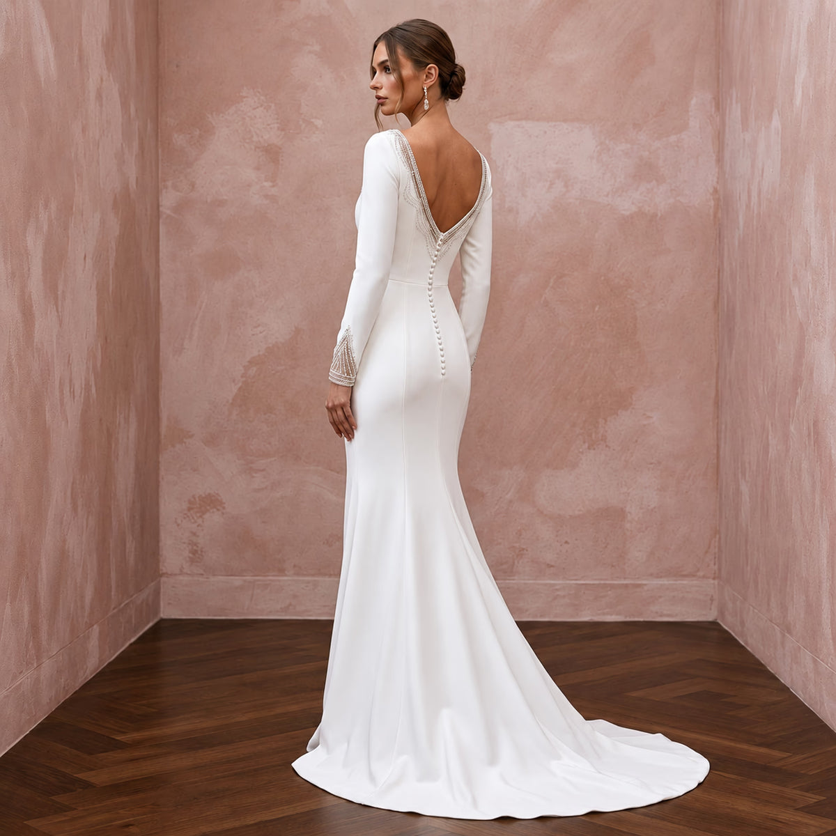 Minimalist Ivory Stretch Crepe Long Sleeve Mermaid Wedding Dress for After-Party