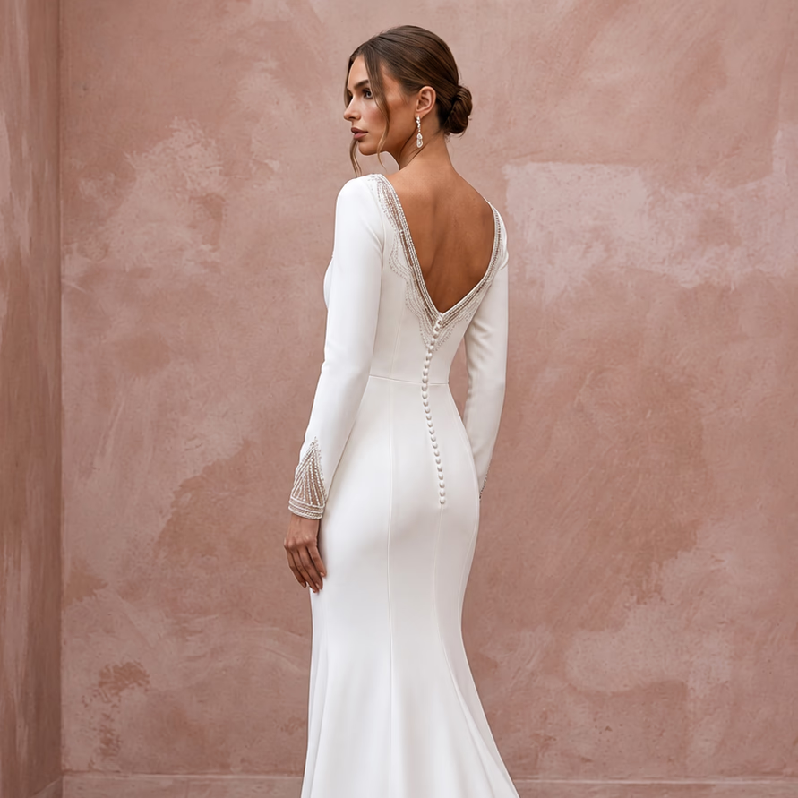 Minimalist Ivory Stretch Crepe Long Sleeve Mermaid Wedding Dress for After-Party