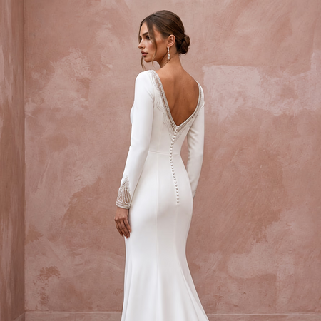 Minimalist Ivory Stretch Crepe Long Sleeve Mermaid Wedding Dress for After-Party