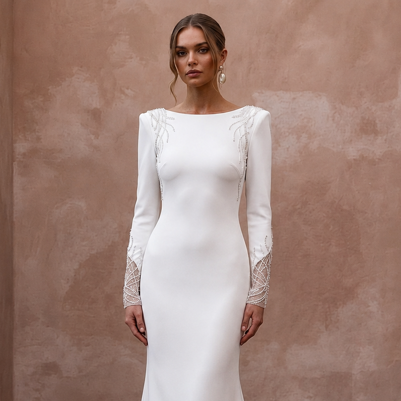 Minimalist Ivory Stretch Crepe Long Sleeve Mermaid for After-Party