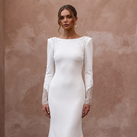 Minimalist Ivory Stretch Crepe Long Sleeve Mermaid for After-Party