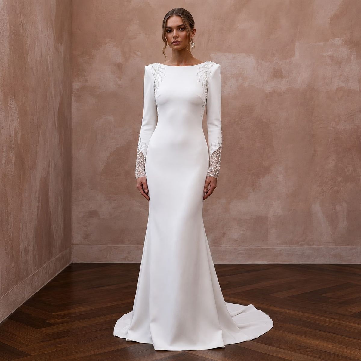 Minimalist Ivory Stretch Crepe Long Sleeve Mermaid for After - Party - Apparel & Accessories > Clothing > Wedding & Bridal Party Dresses > Wedding Dresses - Mignonette Bridal Main image