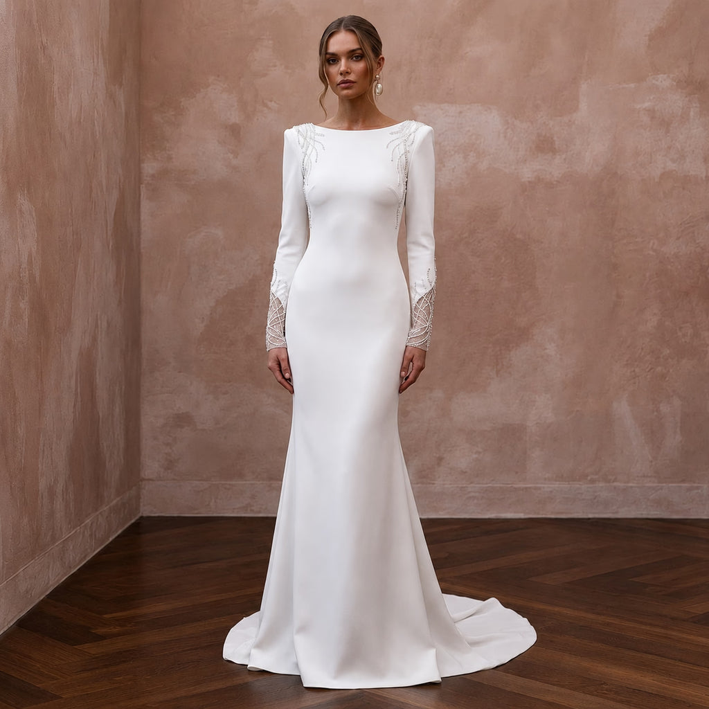 Minimalist Ivory Stretch Crepe Long Sleeve Mermaid for After - Party - Apparel & Accessories > Clothing > Wedding & Bridal Party Dresses > Wedding Dresses - Mignonette Bridal