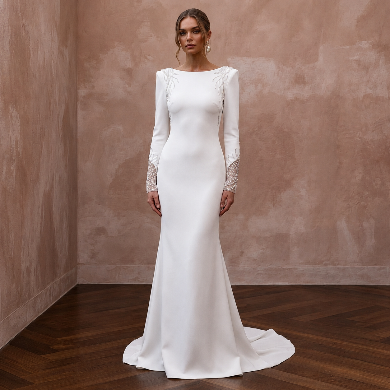 Minimalist Ivory Stretch Crepe Long Sleeve Mermaid for After-Party