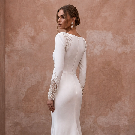 Minimalist Ivory Stretch Crepe Long Sleeve Mermaid for After-Party