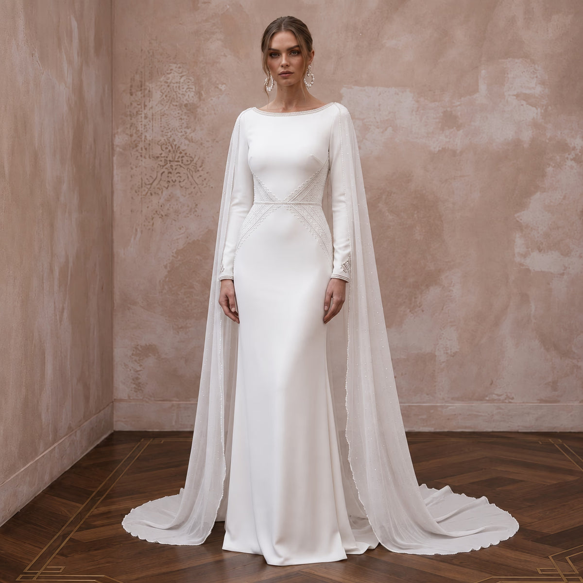 Minimalist Ivory Stretch Jersey Column Gown with Watteau Chiffon Train Main image