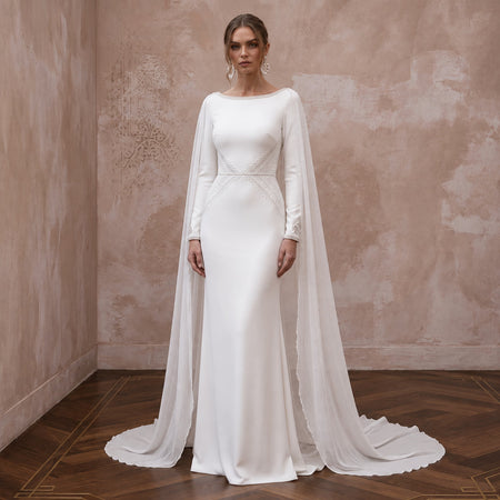 Minimalist Ivory Stretch Jersey Column Gown with Watteau Chiffon Train