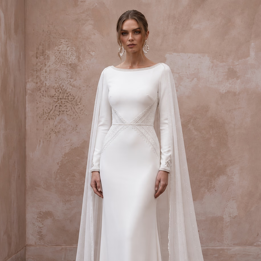 Minimalist Ivory Stretch Jersey Column Gown with Watteau Chiffon Train