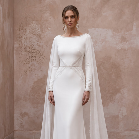 Minimalist Ivory Stretch Jersey Column Gown with Watteau Chiffon Train