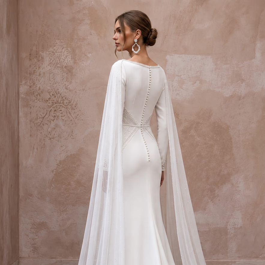 Minimalist Ivory Stretch Jersey Column Gown with Watteau Chiffon Train