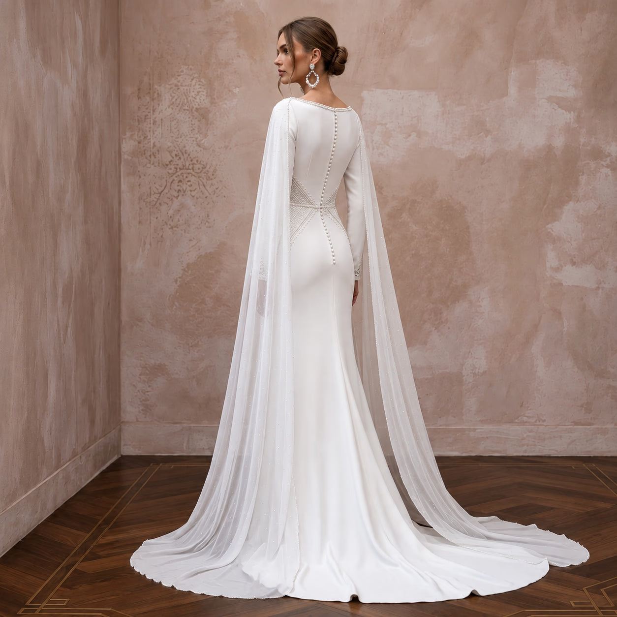 Minimalist Ivory Stretch Jersey Column Gown with Watteau Chiffon Train Secondary image