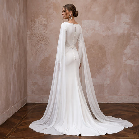 Minimalist Ivory Stretch Jersey Column Gown with Watteau Chiffon Train