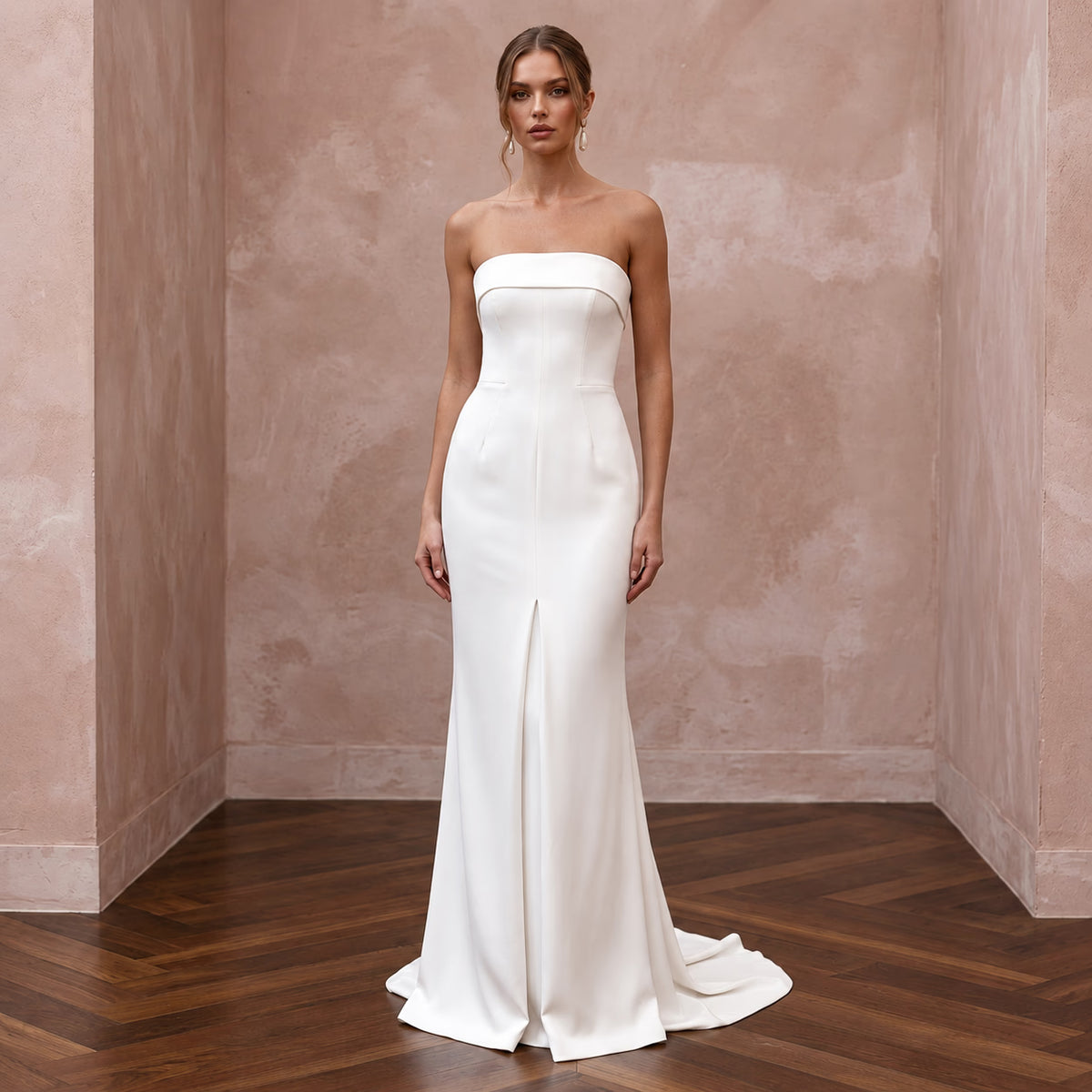 Minimalist Ivory Stretch Silk Bandeau Neckline Column Gown - Apparel & Accessories > Clothing > Wedding & Bridal Party Dresses > Wedding Dresses - Mignonette Bridal