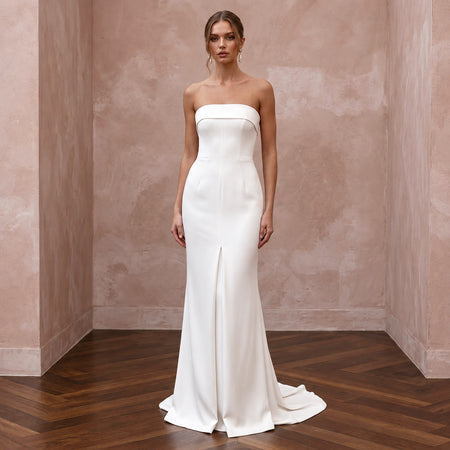 Minimalist Ivory Stretch Silk Bandeau Neckline Column Gown - Apparel & Accessories > Clothing > Wedding & Bridal Party Dresses > Wedding Dresses - Mignonette Bridal
