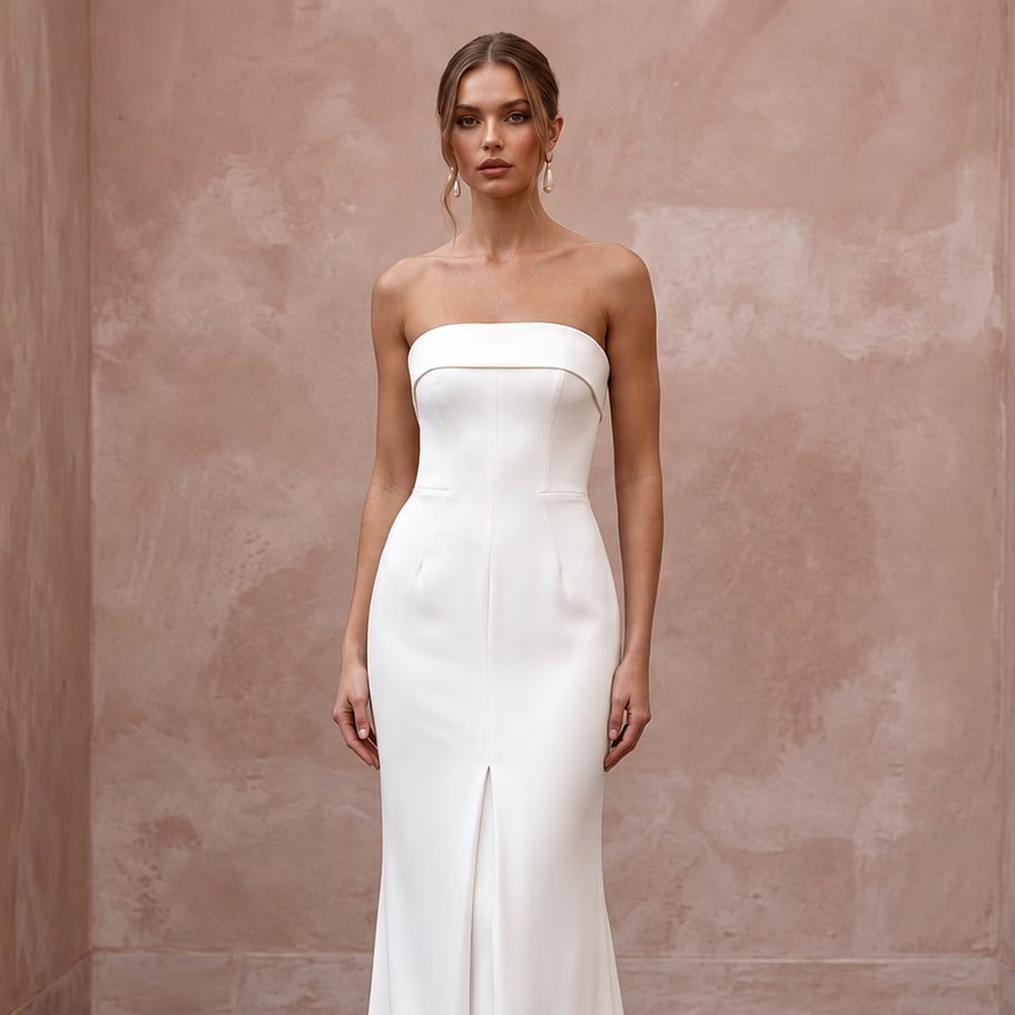 Minimalist Ivory Stretch Silk Bandeau Neckline Column Gown - Apparel & Accessories > Clothing > Wedding & Bridal Party Dresses > Wedding Dresses - Mignonette Bridal