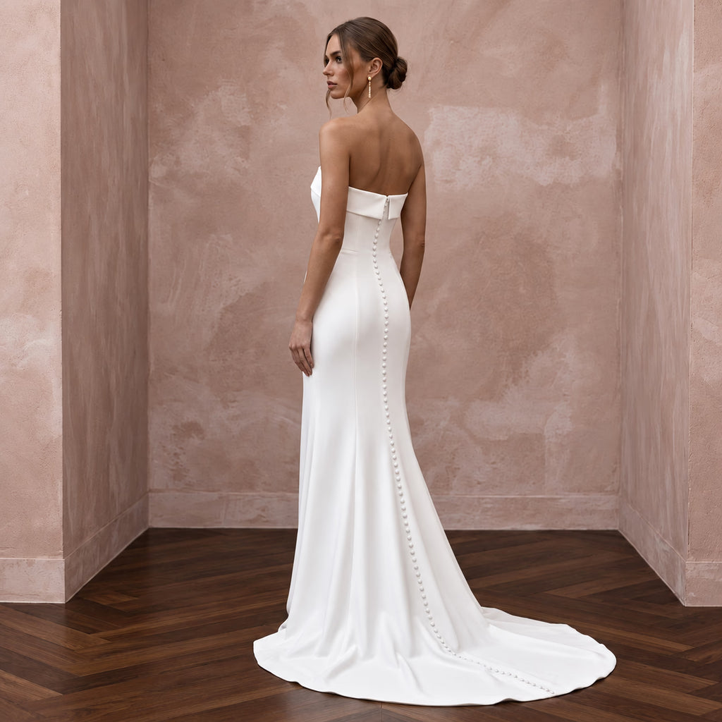 Minimalist Ivory Stretch Silk Bandeau Neckline Column Gown - Apparel & Accessories > Clothing > Wedding & Bridal Party Dresses > Wedding Dresses - Mignonette Bridal