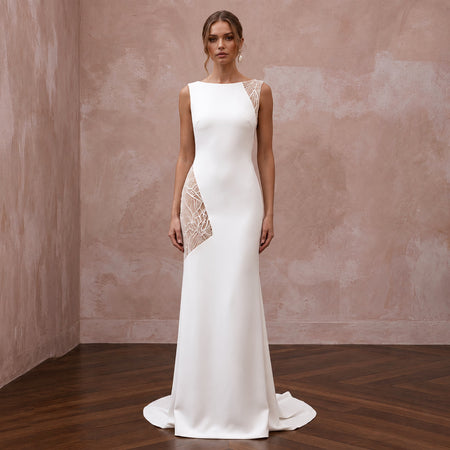 Minimalist Nude Lace-Paneled Crepe Bridal Gown for Second Marriage