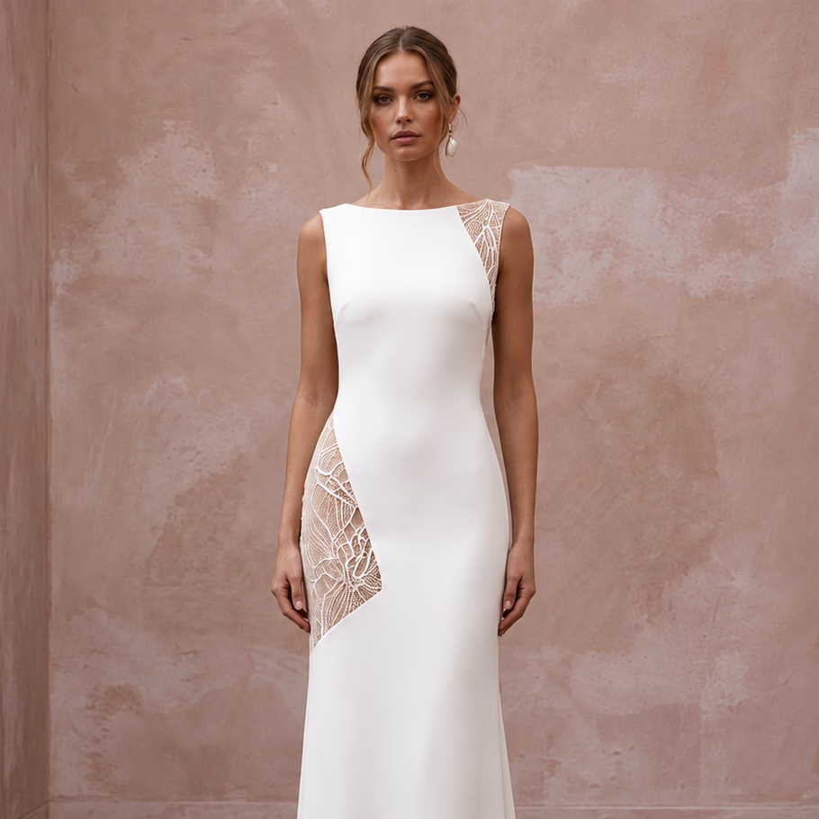 Minimalist Nude Lace-Paneled Crepe Bridal Gown for Second Marriage