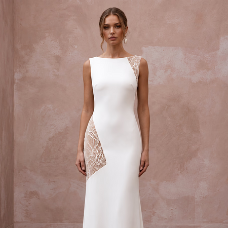 Minimalist Nude Lace-Paneled Crepe Bridal Gown for Second Marriage