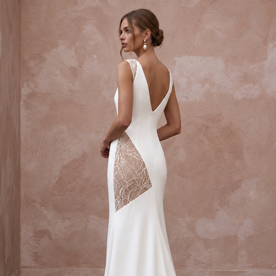 Minimalist Nude Lace-Paneled Crepe Bridal Gown for Second Marriage