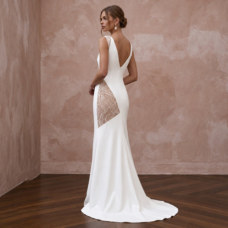 Minimalist Nude Lace-Paneled Crepe Bridal Gown for Second Marriage