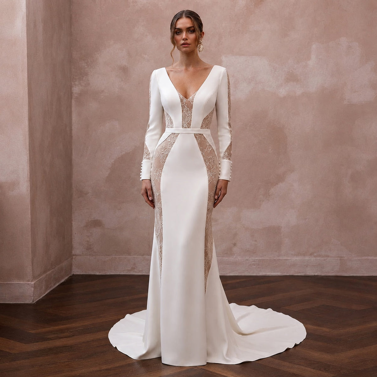 Minimalist Nude Lace - Paneled Crepe Gown for Second Marriage - Apparel & Accessories > Clothing > Wedding & Bridal Party Dresses > Wedding Dresses - Mignonette Bridal Main image