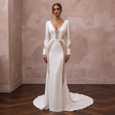 Minimalist Nude Lace-Paneled Crepe Gown for Second Marriage
