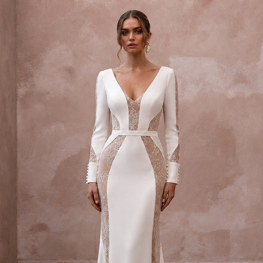 Minimalist Nude Lace - Paneled Crepe Gown for Second Marriage - Apparel & Accessories > Clothing > Wedding & Bridal Party Dresses > Wedding Dresses - Mignonette Bridal
