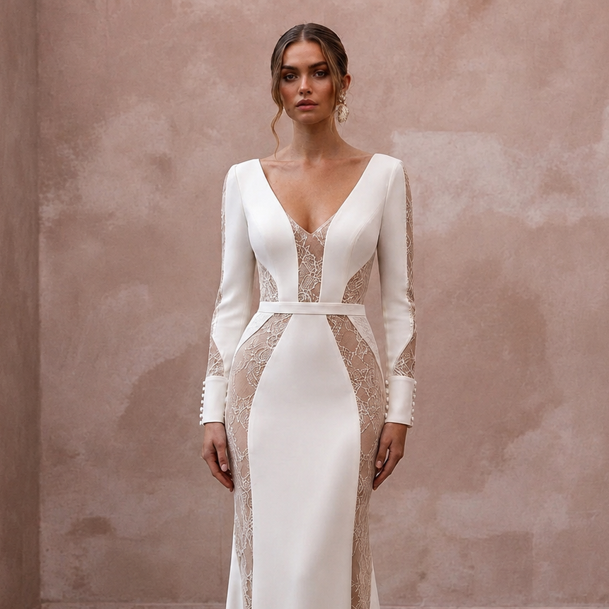 Minimalist Nude Lace-Paneled Crepe Gown for Second Marriage