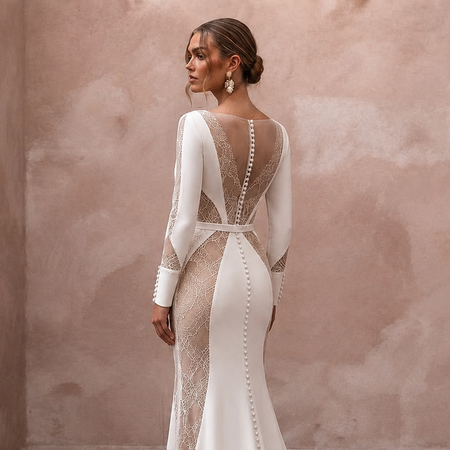 Minimalist Nude Lace - Paneled Crepe Gown for Second Marriage - Apparel & Accessories > Clothing > Wedding & Bridal Party Dresses > Wedding Dresses - Mignonette Bridal