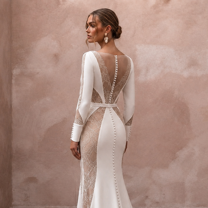 Minimalist Nude Lace-Paneled Crepe Gown for Second Marriage
