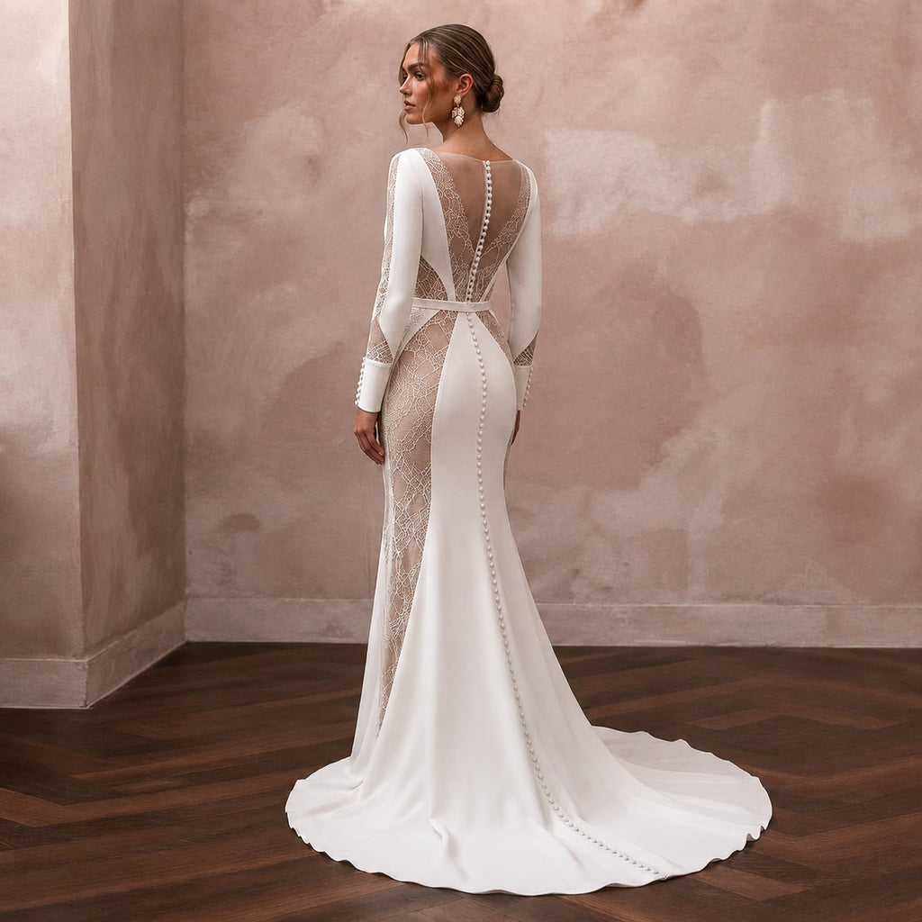 Minimalist Nude Lace - Paneled Crepe Gown for Second Marriage - Apparel & Accessories > Clothing > Wedding & Bridal Party Dresses > Wedding Dresses - Mignonette Bridal