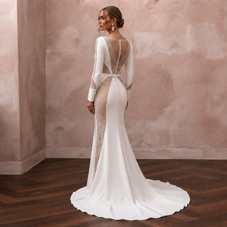 Minimalist Nude Lace - Paneled Crepe Gown for Second Marriage - Apparel & Accessories > Clothing > Wedding & Bridal Party Dresses > Wedding Dresses - Mignonette Bridal