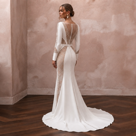 Minimalist Nude Lace-Paneled Crepe Gown for Second Marriage