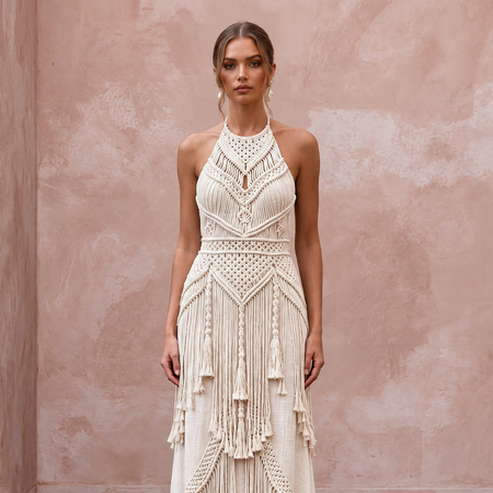 Minimalist Off-White Cotton Macrame Fringe Halter Desert Wedding Dress