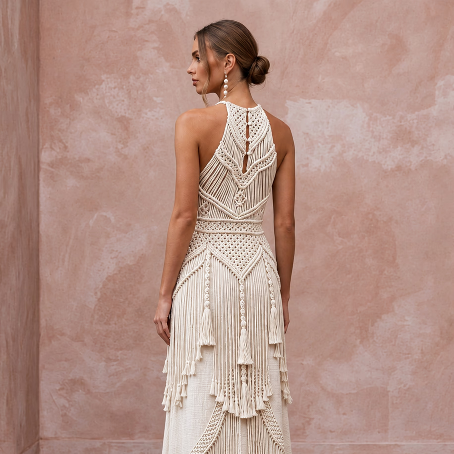 Minimalist Off-White Cotton Macrame Fringe Halter Desert Wedding Dress