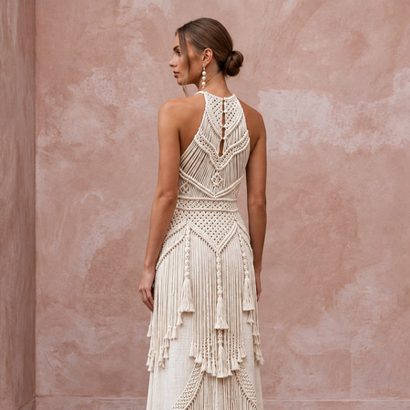 Minimalist Off-White Cotton Macrame Fringe Halter Desert Wedding Dress