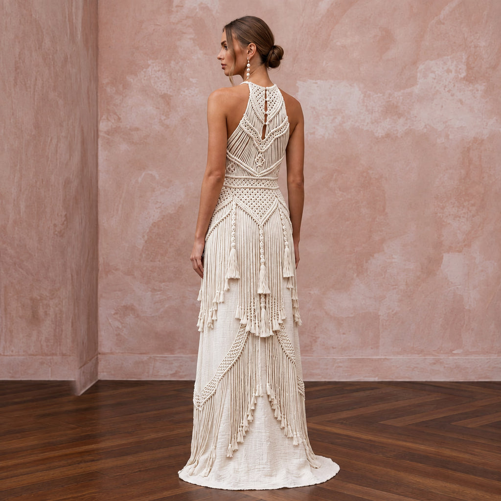 Minimalist Off-White Cotton Macrame Fringe Halter Desert Wedding Dress