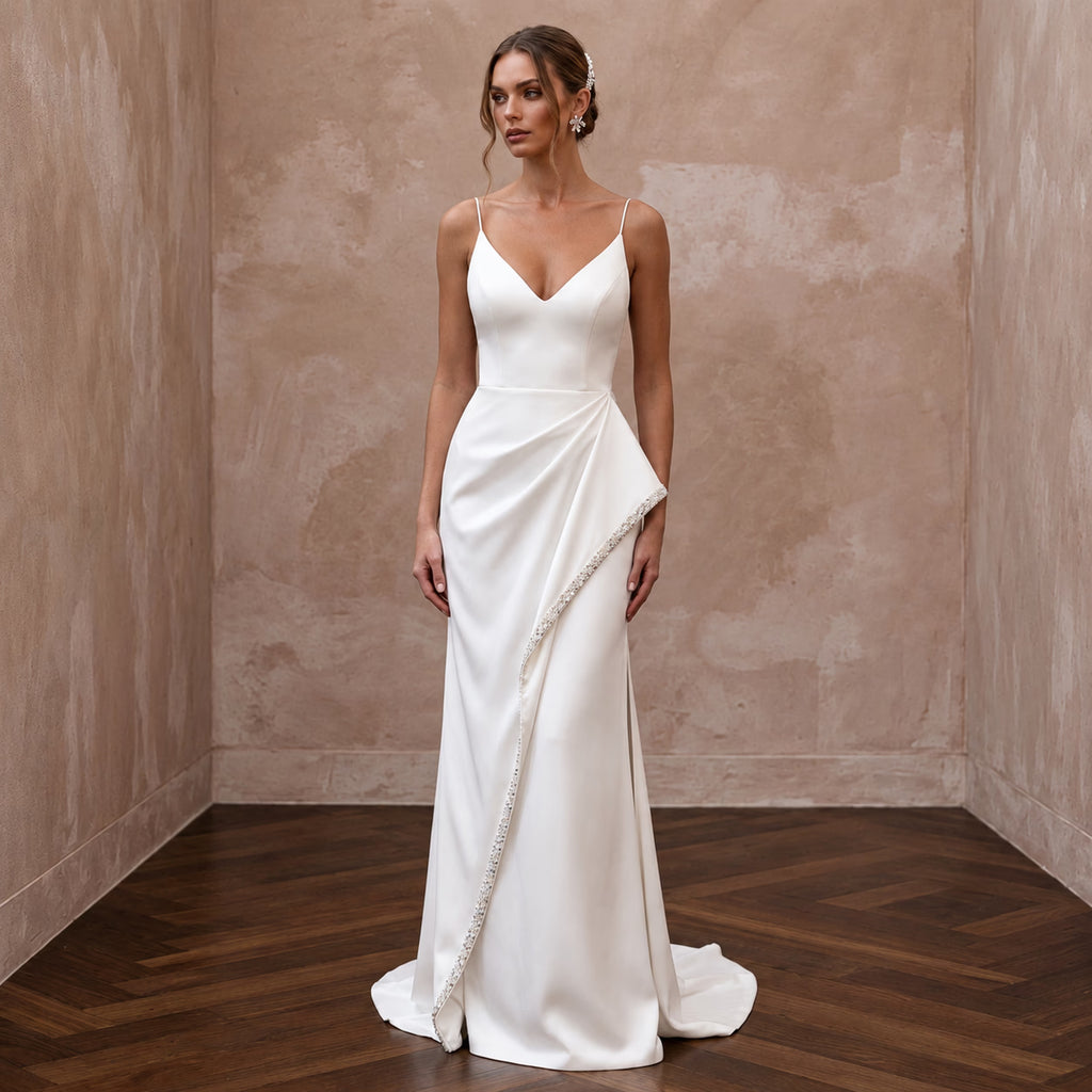 Minimalist Off-White Satin Sheath Wedding Dress for Elopement Photoshoot