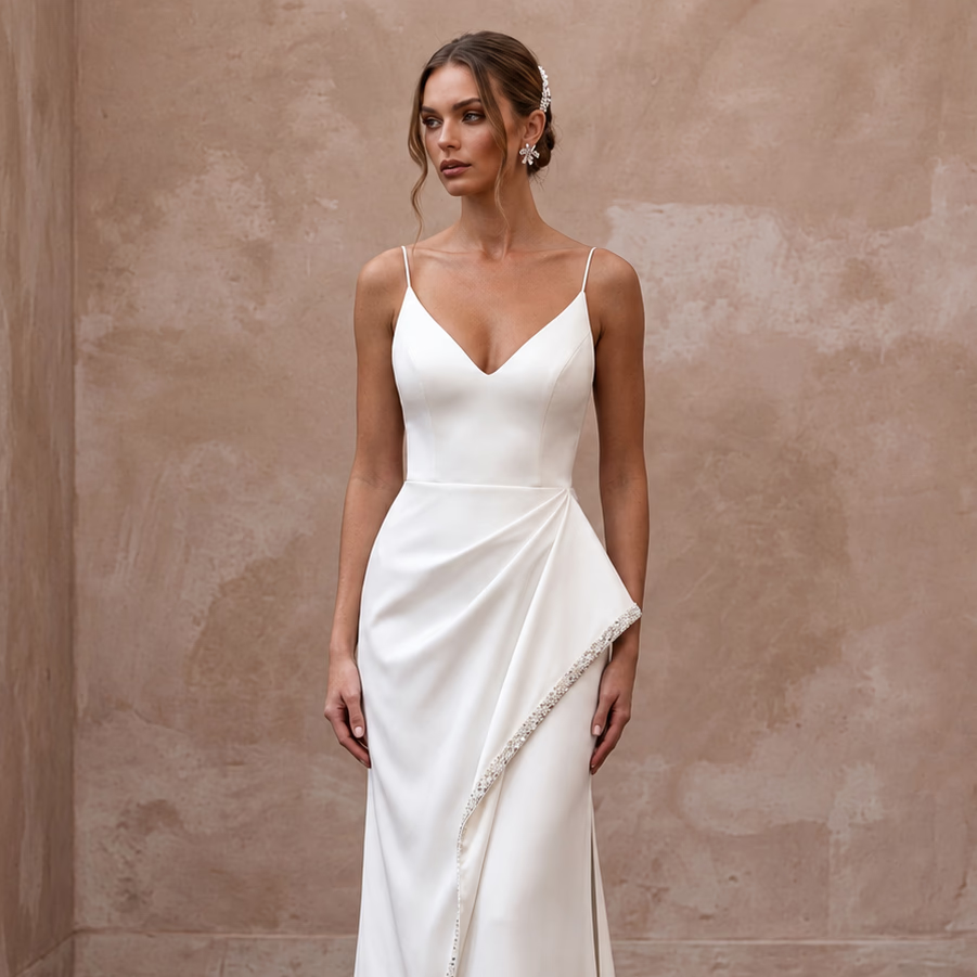 Minimalist Off-White Satin Sheath Wedding Dress for Elopement Photoshoot