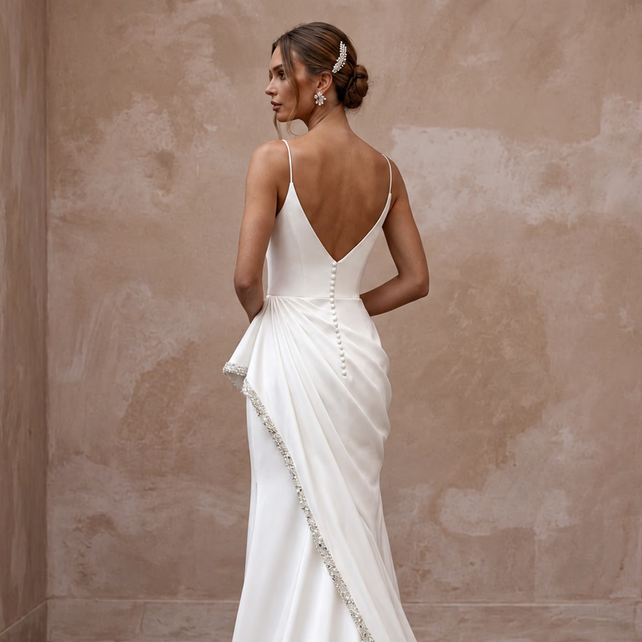 Minimalist Off-White Satin Sheath Wedding Dress for Elopement Photoshoot